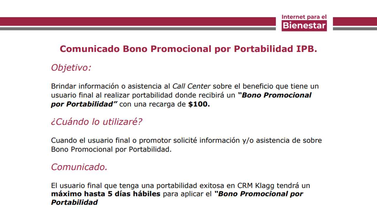 Comunicado Bono Promocional por Portabilidad IPB
